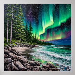 Northern Lights Over a Rocky Coastline Poster
