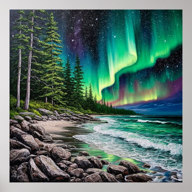 Northern Lights Over a Rocky Coastline Poster (Front)