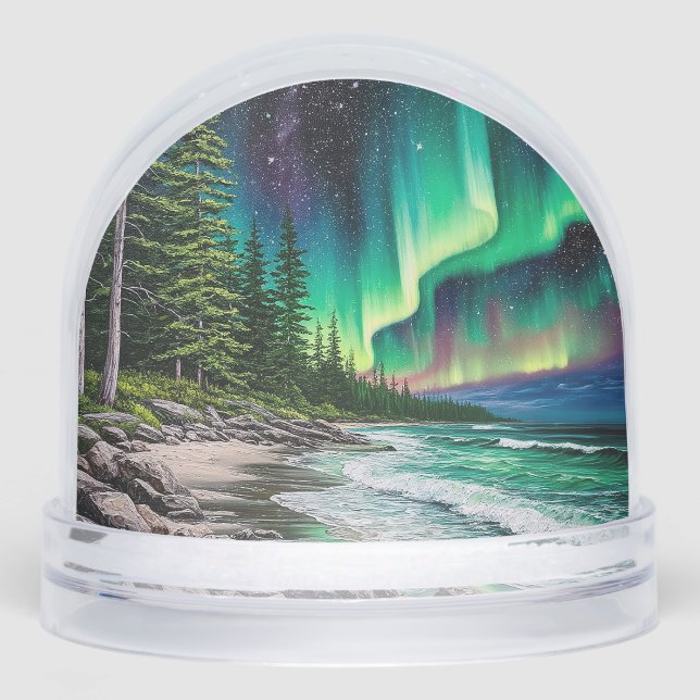 Northern Lights Over a Rocky Coastline Snowglobe (Front)