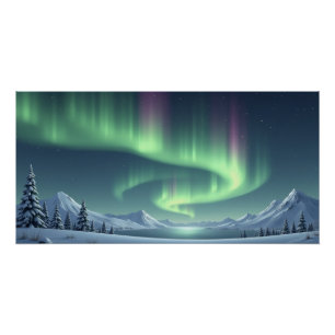 Northern Lights Over Snowy Mountains Poster