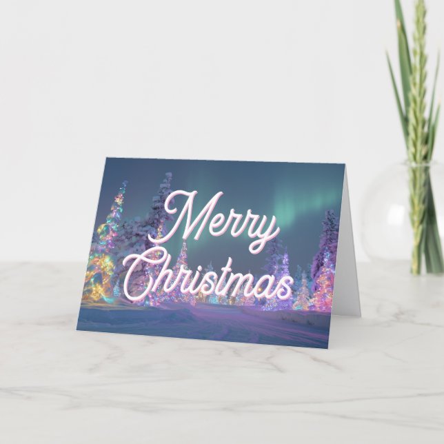 Northern Lights Pastel Trees Merry Christmas Holiday Card (Front)