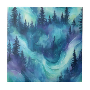 Northern Lights Pine Forest Winter Night Glow Ceramic Tile