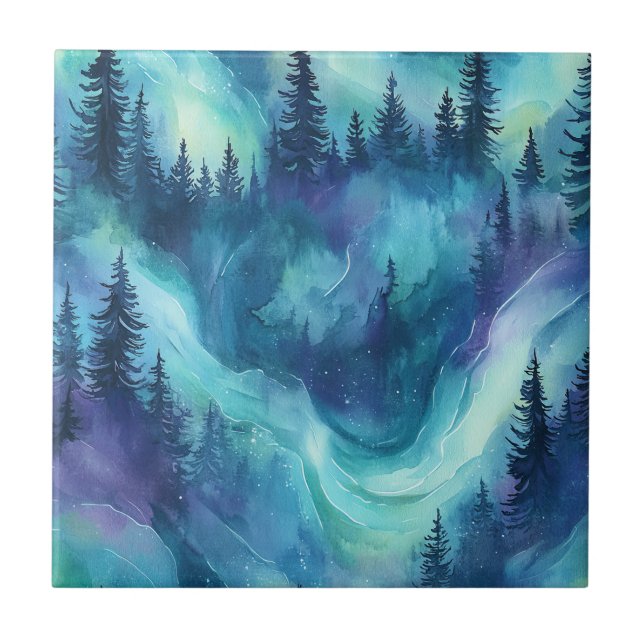 Northern Lights Pine Forest Winter Night Glow Ceramic Tile (Front)