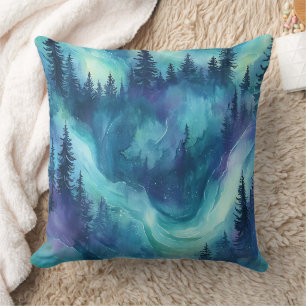 Northern Lights Pine Forest Winter Night Glow Cushion