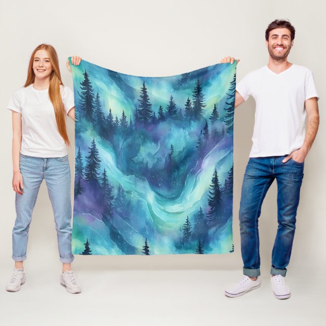 Northern Lights Pine Forest Winter Night Glow Fleece Blanket (In Situ)