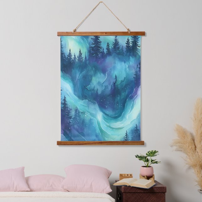 Northern Lights Pine Forest Winter Night Glow Hanging Tapestry (Bedroom)