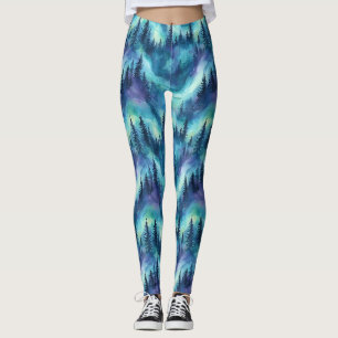 Northern Lights Pine Forest Winter Night Glow Leggings