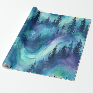 Northern Lights Pine Forest Winter Night Glow Wrapping Paper