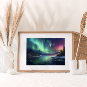 Northern Lights Seascape Mountains Watercolor Poster