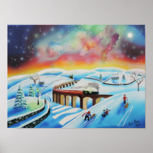 Northern lights train landscape painting poster