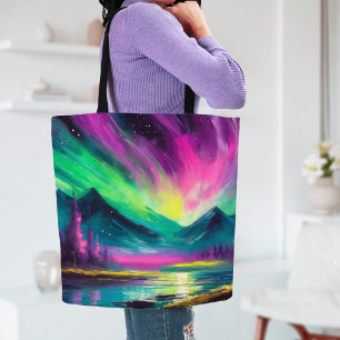 Northern Lights Vibrant Abstract Night Landscape Tote Bag