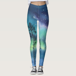Northern lights, watercolor landscape leggings