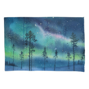 Northern lights, watercolor landscape pillowcase