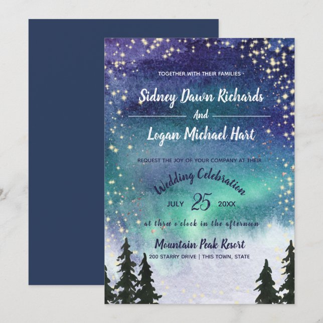 Northern Lights Watercolor Starry Sky Invitation (Front/Back)
