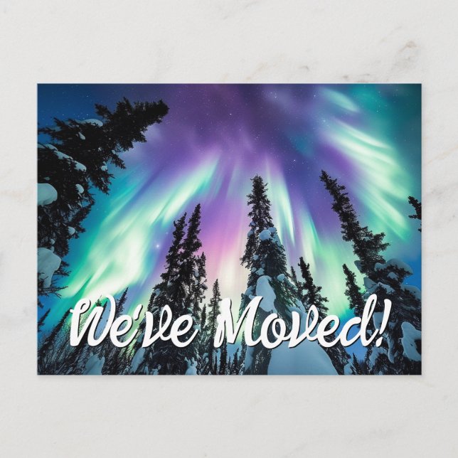 Northern Lights Winter Forest We've Moved Photo Postcard (Front)