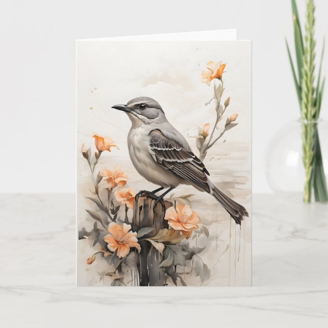 Northern Mockingbird Resting Among Flowers Blank Card (Front)