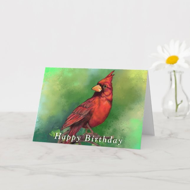 Northern Red Cardinal Bird Birthday Card (Small Plant)