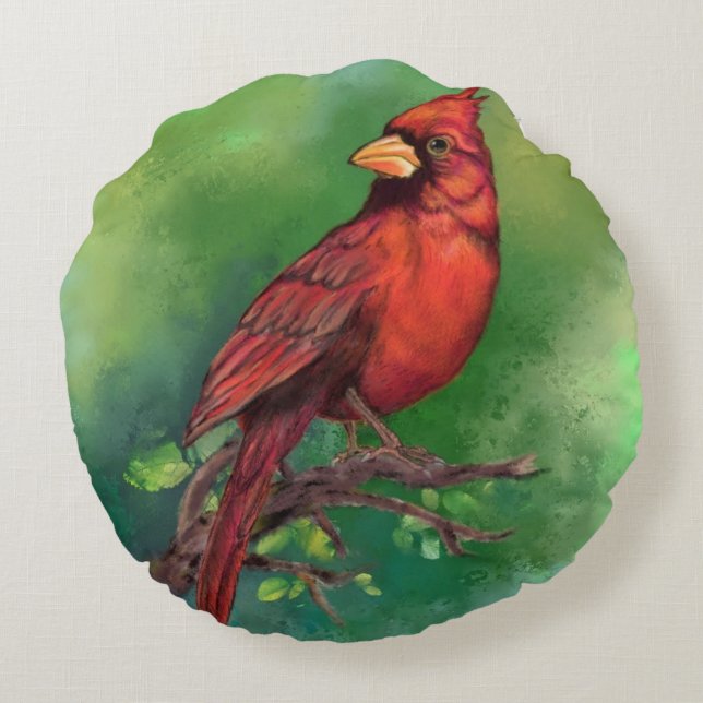 Northern Red Cardinal Bird Round Pillow - Painting (Back)