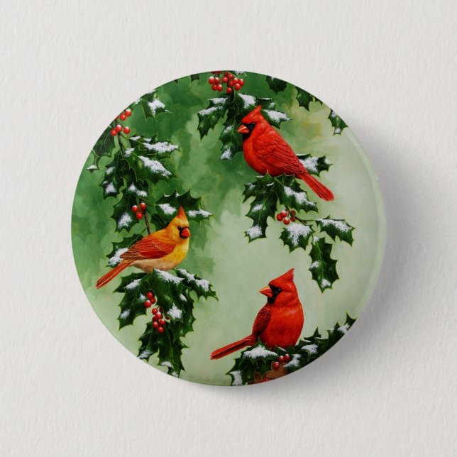 Northern Red Cardinals and Holly 6 Cm Round Badge (Front)