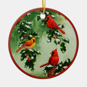 Northern Red Cardinals and Holly Ceramic Tree Decoration