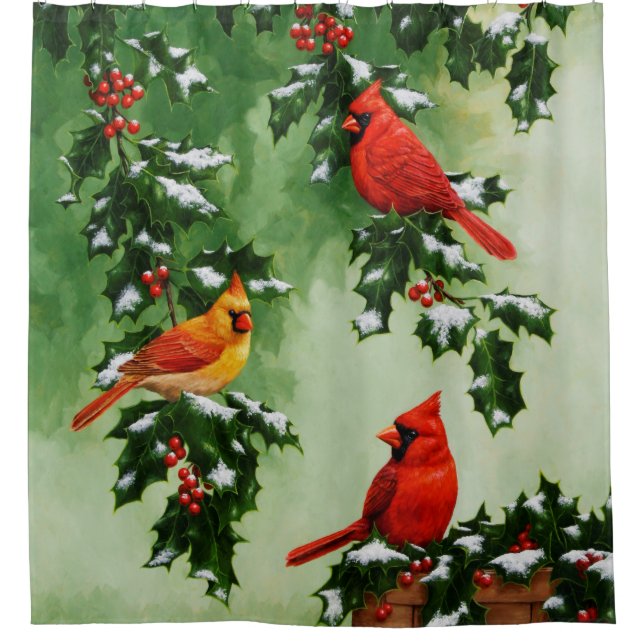 Northern Red Cardinals and Holly Shower Curtain (Front)