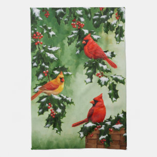 Northern Red Cardinals and Holly Tea Towel