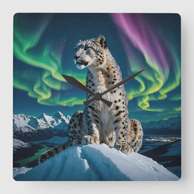 “Northern Sky Wanderer” – Snow Leopard Portrait Square Wall Clock (Front)