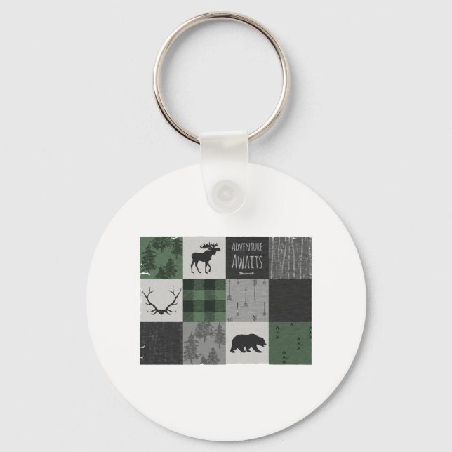 Northwoods Adventure Patchwork - grey and green Key Ring (Front)