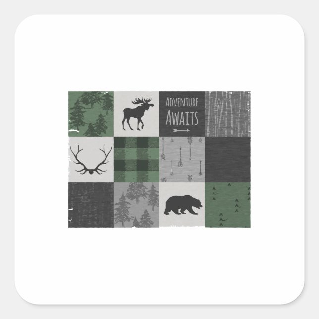 Northwoods Adventure Patchwork - grey and green Square Sticker (Front)