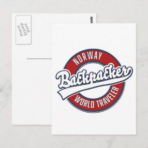 Norway backpacker world traveller logo. postcard