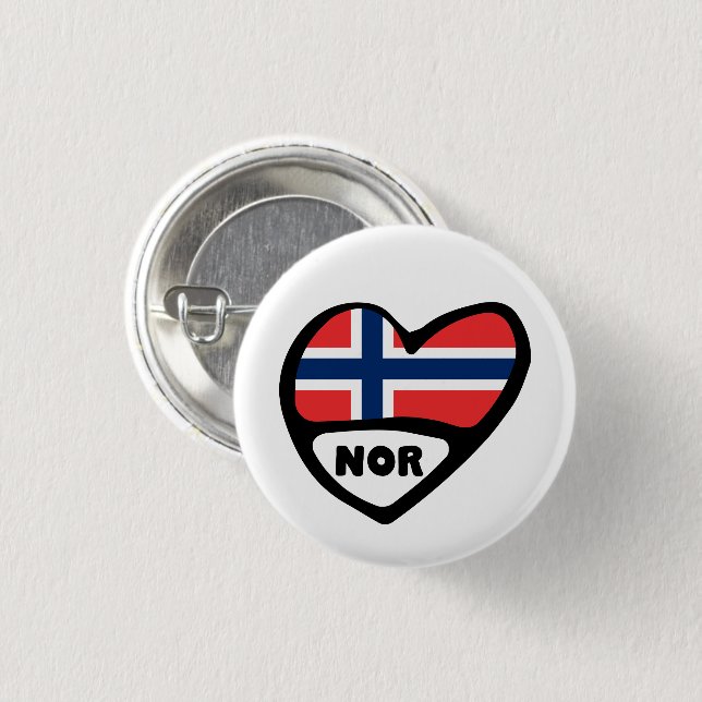 Norway Country Code Flag Heart Pin Badge, NOR (Front & Back)