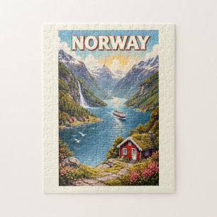 Norway Fjord Illustration Travel Art Vintage Jigsaw Puzzle