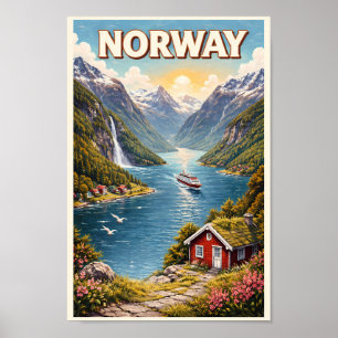 Norway Fjord Illustration Travel Art Vintage Poster