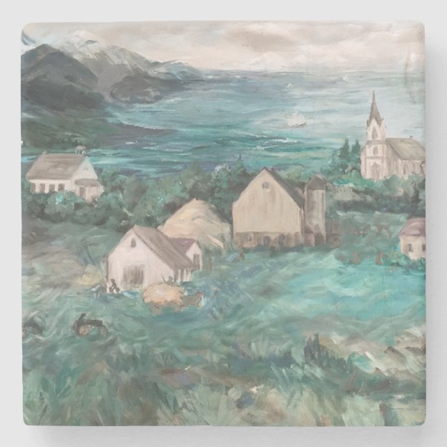 Norway Fjords Painting Marble Coaster (Front)