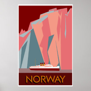 Norway fjords retro vintage style travel poster