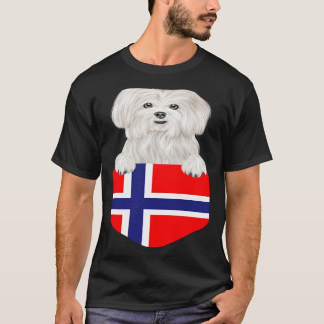 Norway Flag Maltese Dog In Pocket T-Shirt (Front)