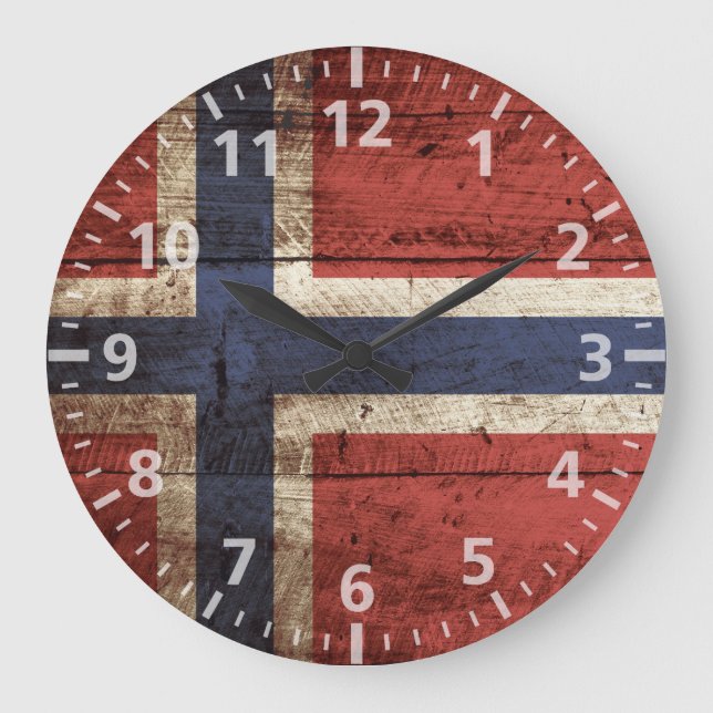 Norway Flag on Old Wood Grain Large Clock (Front)