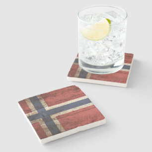 Norway Flag on Old Wood Grain Stone Coaster