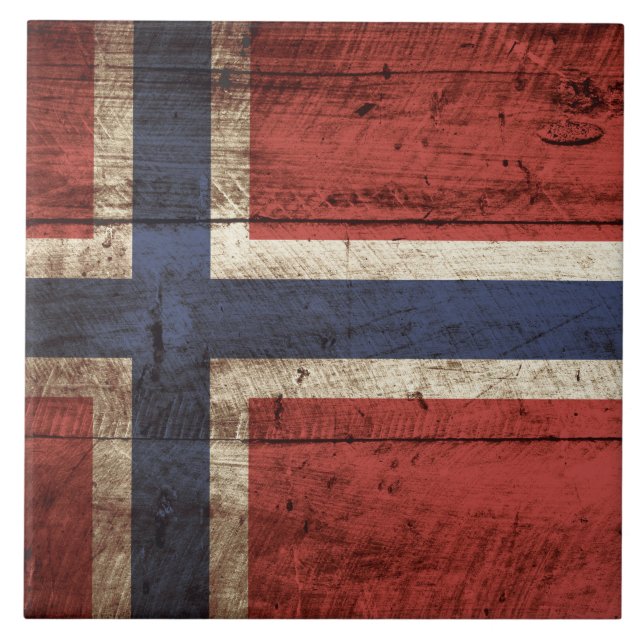 Norway Flag on Old Wood Grain Tile (Front)