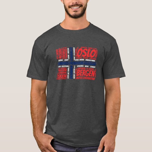 Norway Flag with City Names Word Art T-Shirt (Front)
