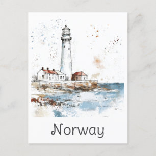 Norway Lighthouse Coast Watercolor Travel Postcard