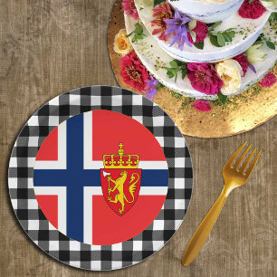 Norway Plate, buffalo plaid & Norwegian Flag Paper Plate