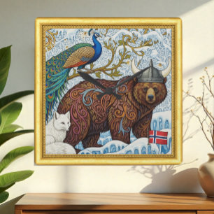 Norway, Polar Fox, Art Nuovo W. Morris, Framed Square Wall Clock