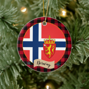Norway, Red buffalo plaid & Norwegian Flag Ceramic Ornament