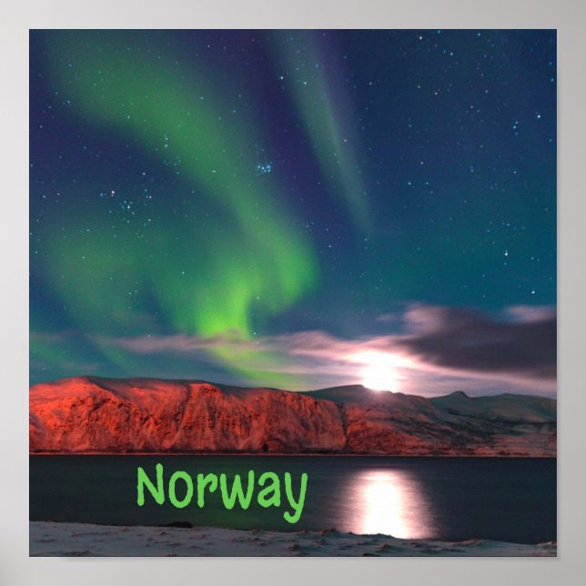 Norway Scandinavian Northern Lights Red Cliffs Poster (Front)