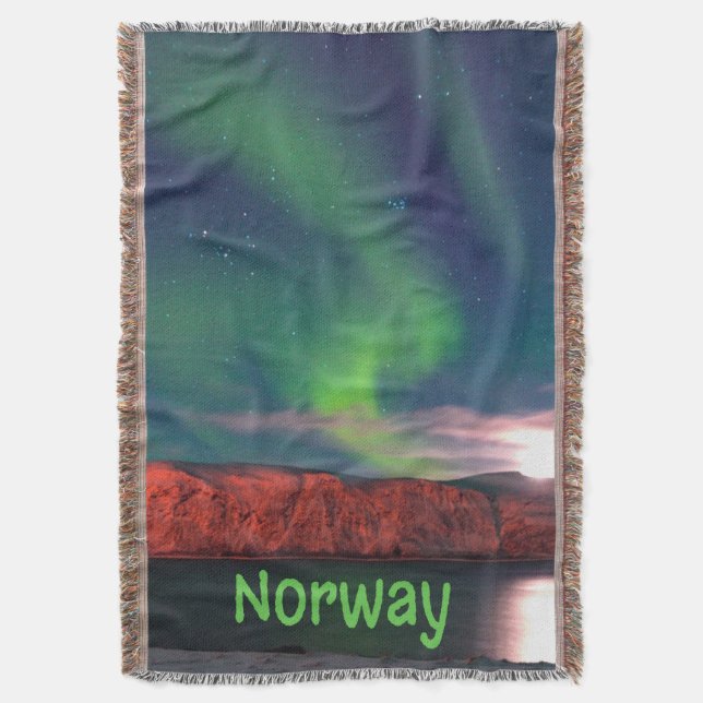 Norway Scandinavian Northern Lights Red Cliffs Throw Blanket (Front Vertical)