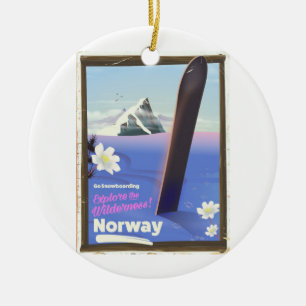 Norway Snowboarding vintage style travel poster Ceramic Tree Decoration