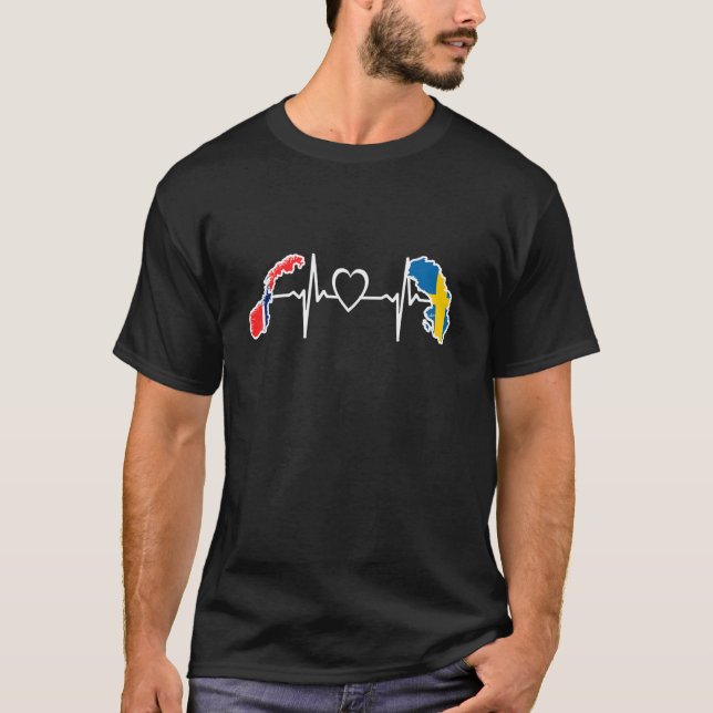 Norway Sweden Flag Norwagian Swedish Heartbeat T-Shirt (Front)