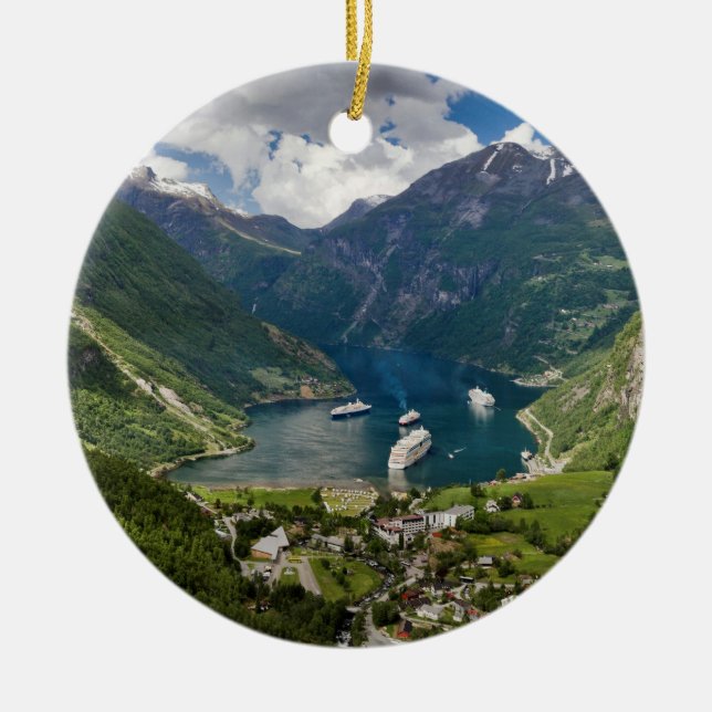 Norway view to Geiranger from Flydalsjuvet Ceramic Ornament (Front)
