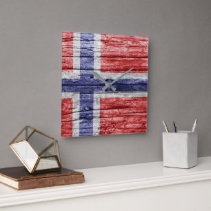 Norway wood flag square wall clock